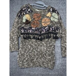 Vtg 80s Bonnie & Bill Beaded Floral Sweater Medium Grandmacore Coquette Tassel
